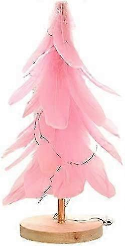 Improved Title: Pink Feather Christmas Mini Table Decoration with LED Light Stand and Wooden Base for Holiday Displays