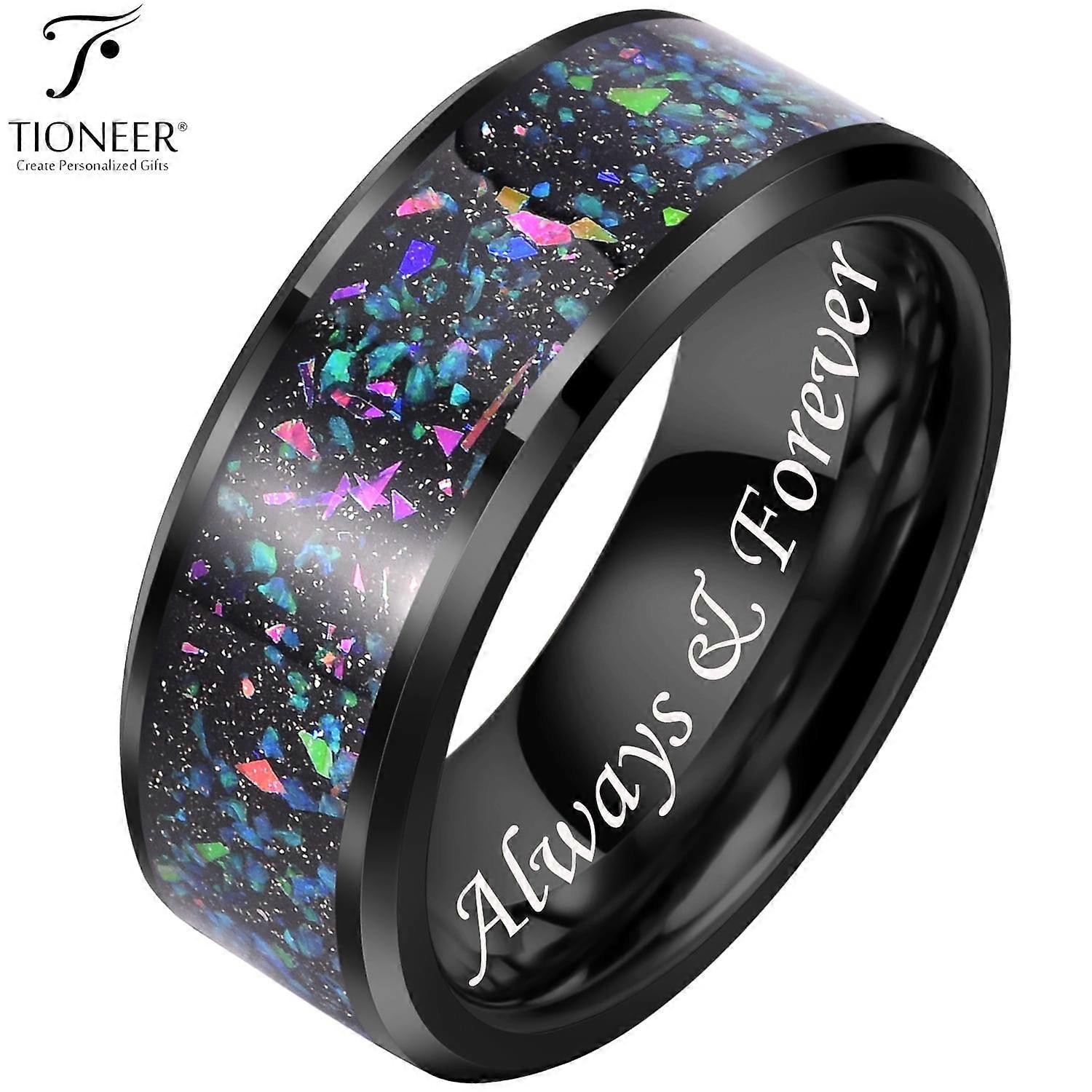 Tioneer Black IP Tungsten Ring 8mm Galaxy Series w/ Opal Inlay in Different Styles Wedding Band for Men Women w/ Free Engraving Options