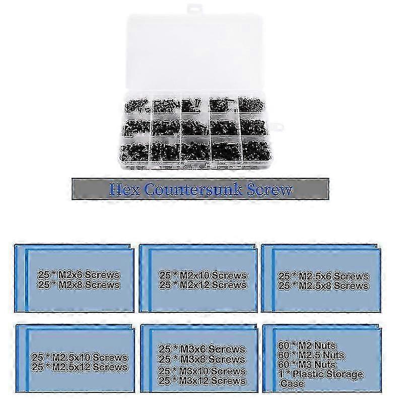 Hex Countersunk Screw 481 Pcs Steel Hexagonal Countersunk Screw Nut Kit M2 M2.5 Hex Flat Hea