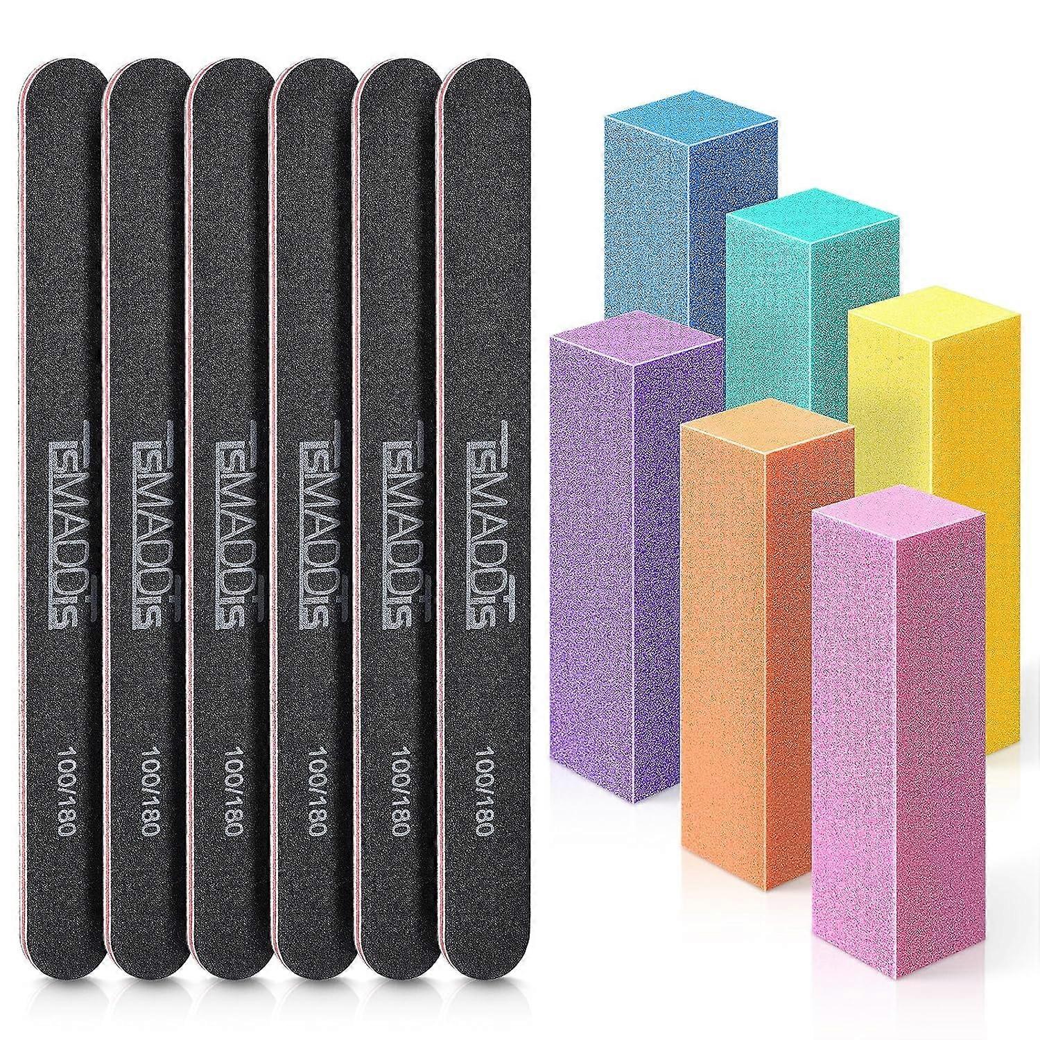 Changmaius Nail Files and Buffer, 100/180 Grit 12Pcs/Pa Professional Manicure Tools Kit Rectangular Art Care Buffer Block Tools (Black/Gray)