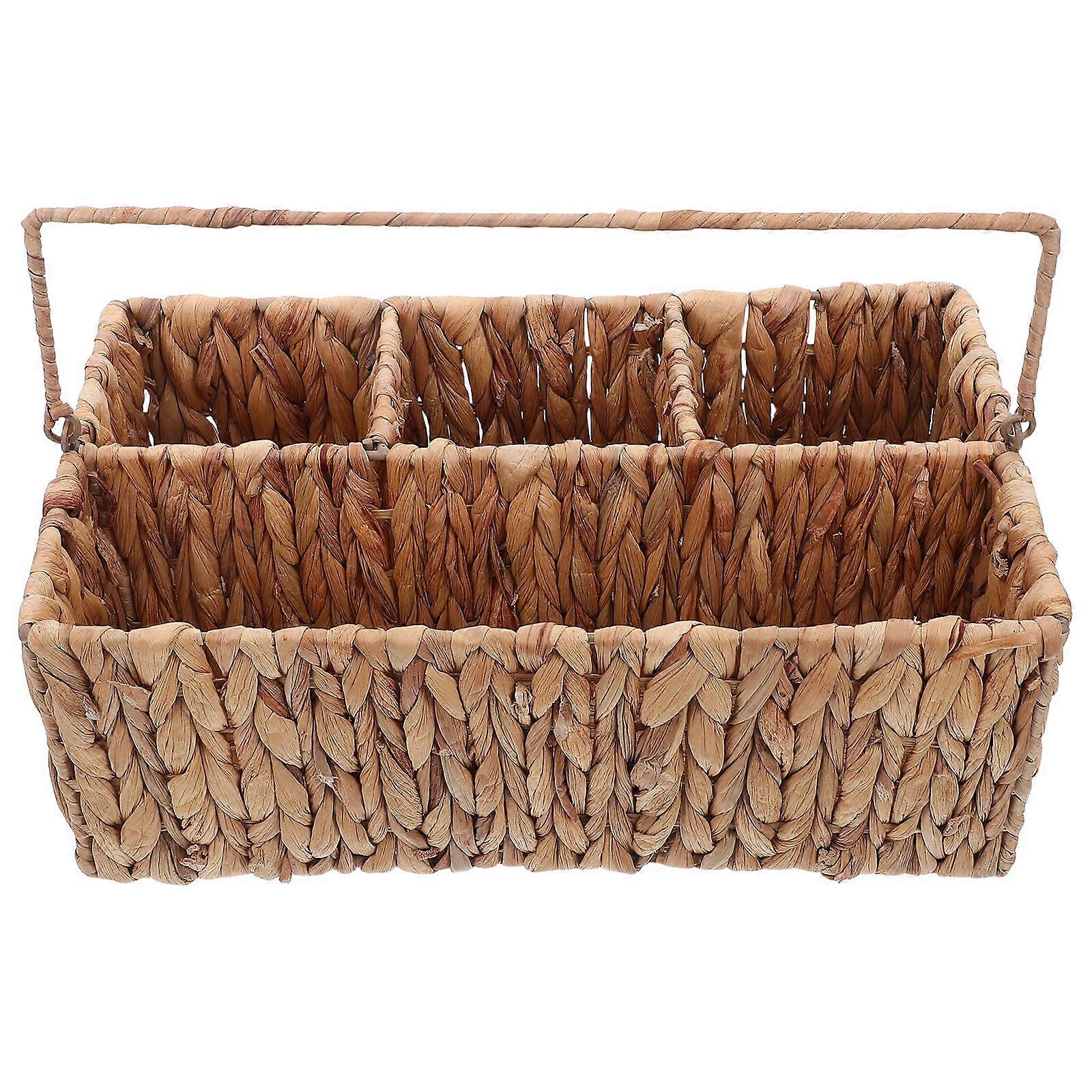 Wicker Silverware Caddy: Cutlery Utensil Holder - Flatware Storage Basket with Handle - 4 Compartments Flatware Organizer