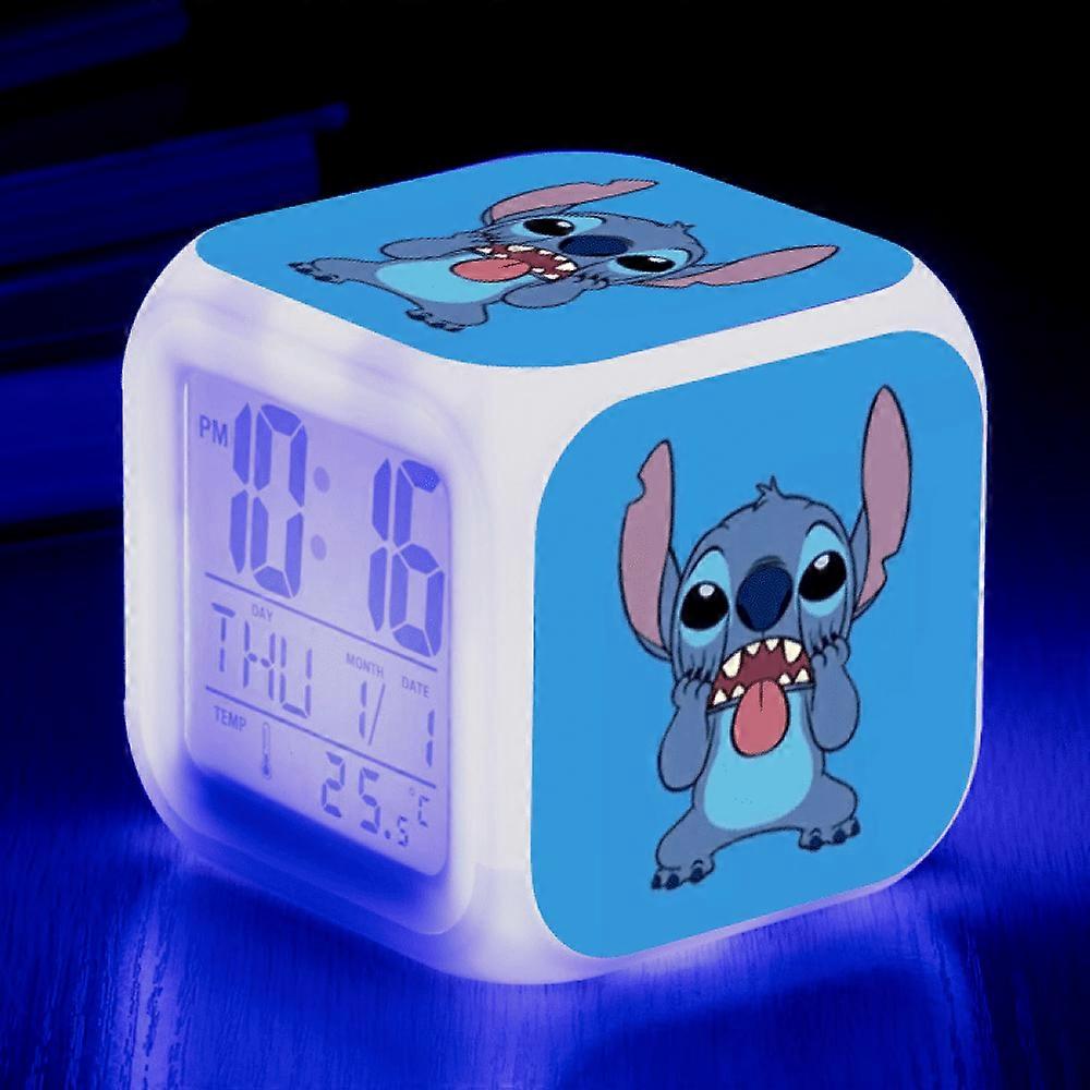 HANNTAOO Digital Alarm Clock for Kids, Cartoon Stitch 7 Color LED Wake-Up Clock with Thermometer & Night Light, Gift for Boys Girls