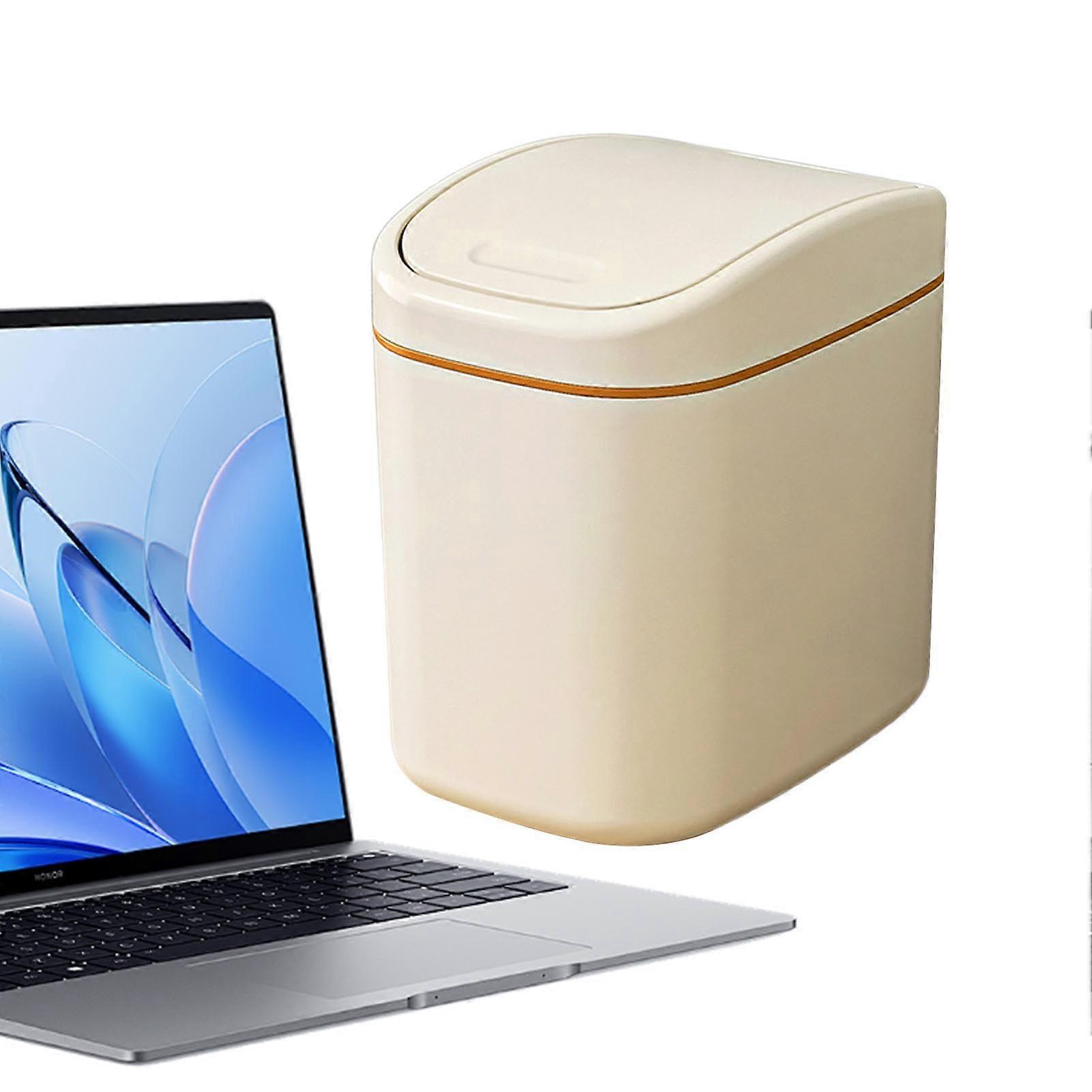 Desktop Trash Canlid Small Desk Trash Can With Lid Compact Wastebasket Dispenser Cream Color For Bathroom Vanity Car