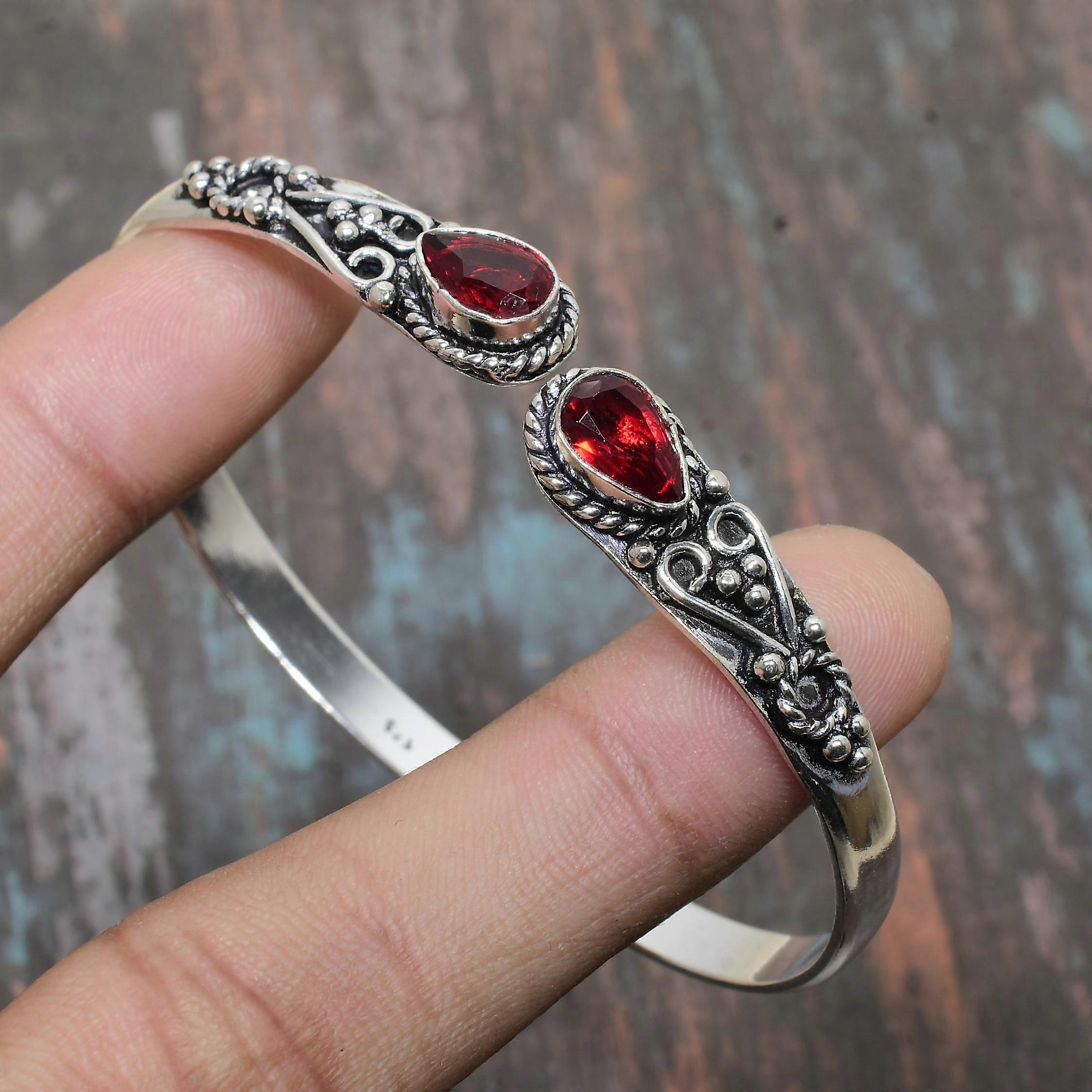Mozambique Garnet Gemstone Handmade Solid 925 Sterling Silver Cuff Jewelry Bangle Adjustable