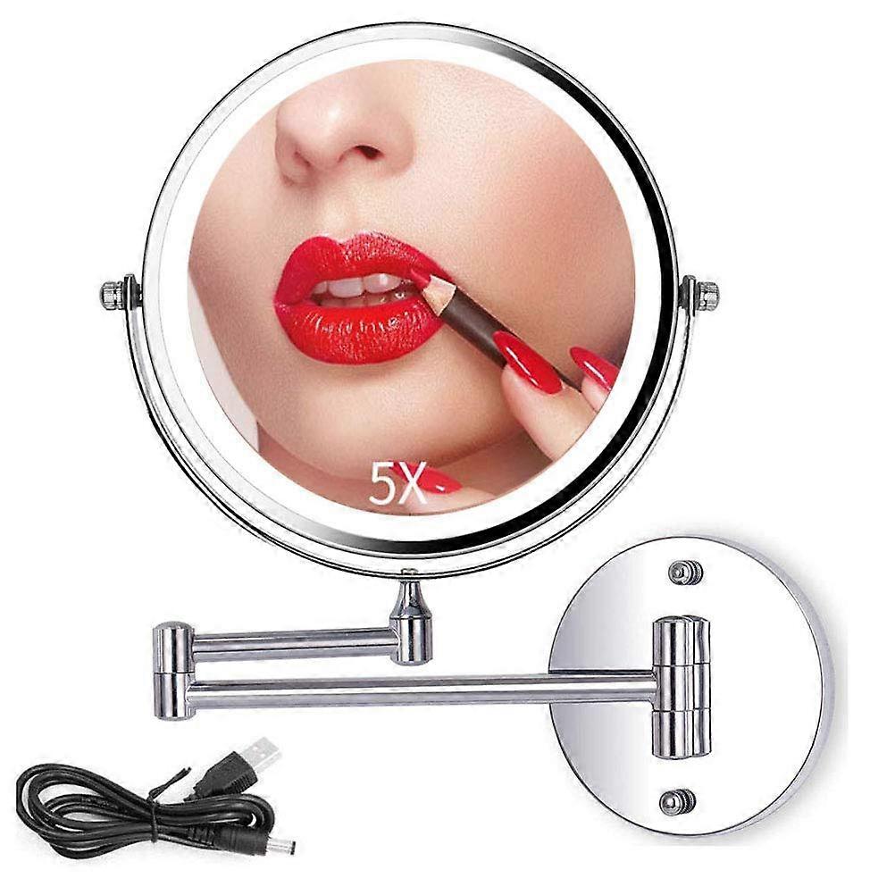 Wall Mounted Lighted Makeup Mirror with 5X Magnification, Extendable 360° Swivel Vanity Mirror in Silver