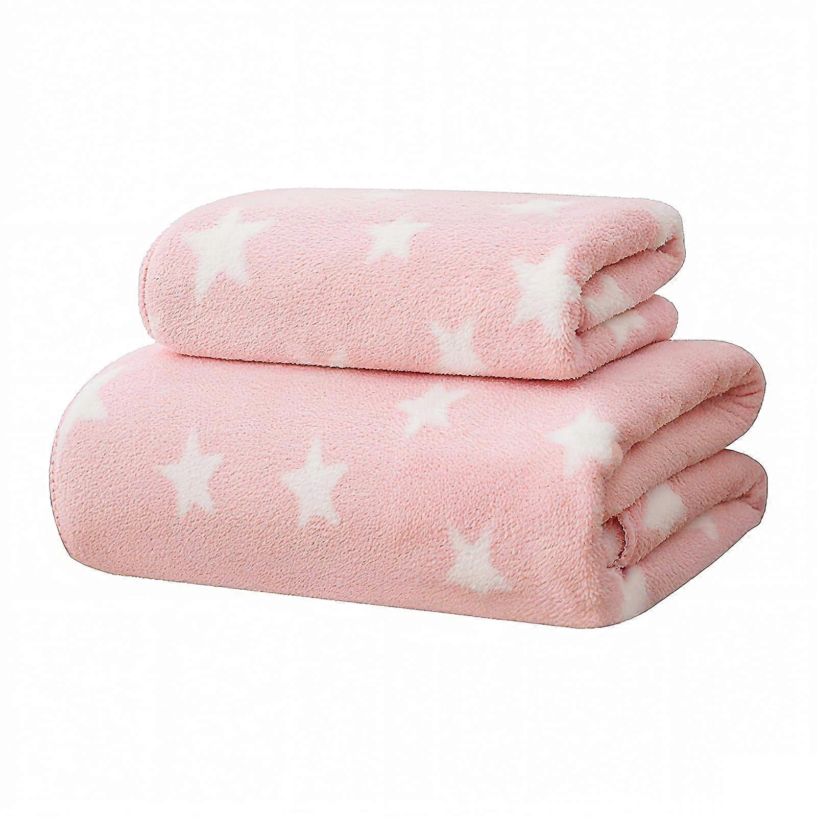 Bath Towels Set UltraSoft Microfiber Quick Dry Pink Star Pattern Large and Hand Towel Combo