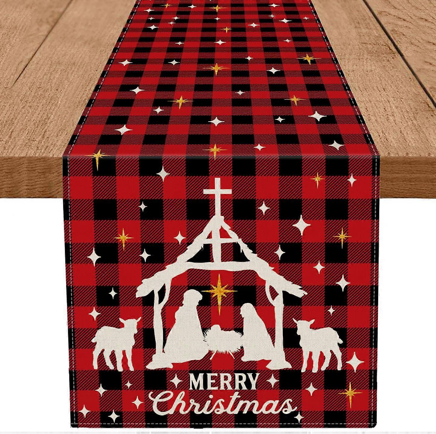 Christmas Table Runner 13x90 Inch Buffalo Plaid Nativity Design Durable Polyester Holiday Decor