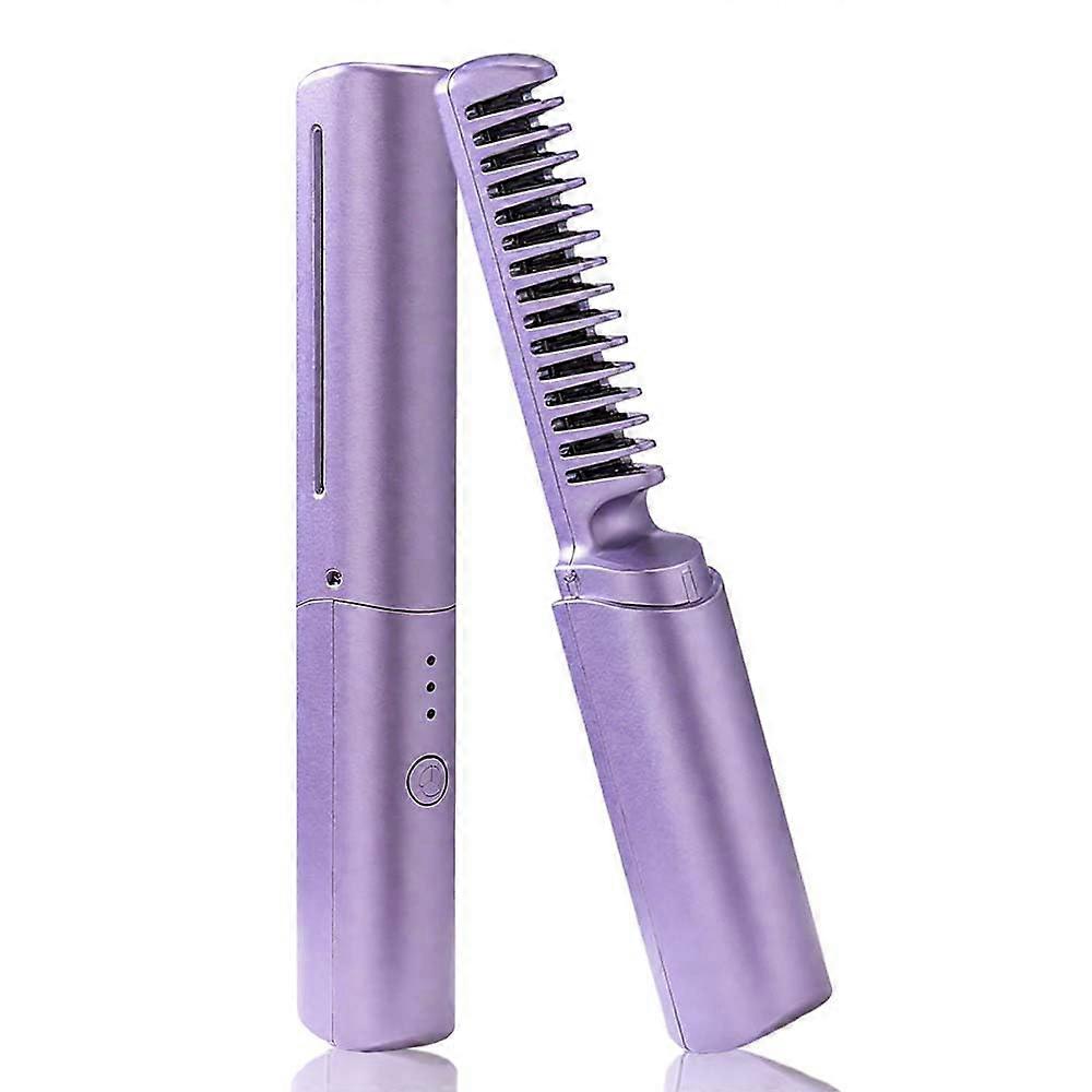 Hot Comb Straightener USB Rechargeable Cordless with 3 Heat Modes for Frizz Control Travel Purple