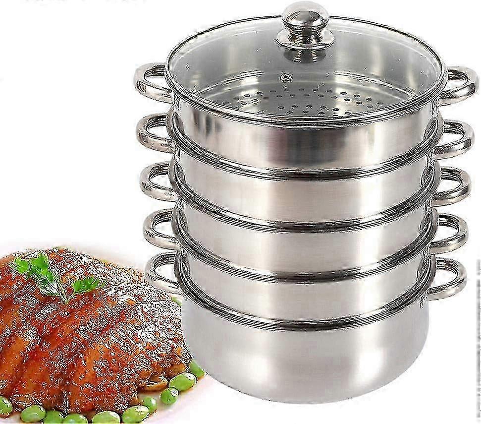 2025 5-tier steamer with lid, polished stainless steel, stackable, 28cm
