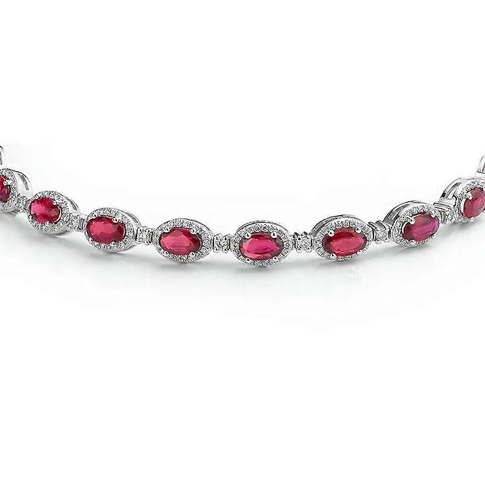 Jewelco London Rhodium Silver Red Oval CZ Alternating Halo Tennis Necklace