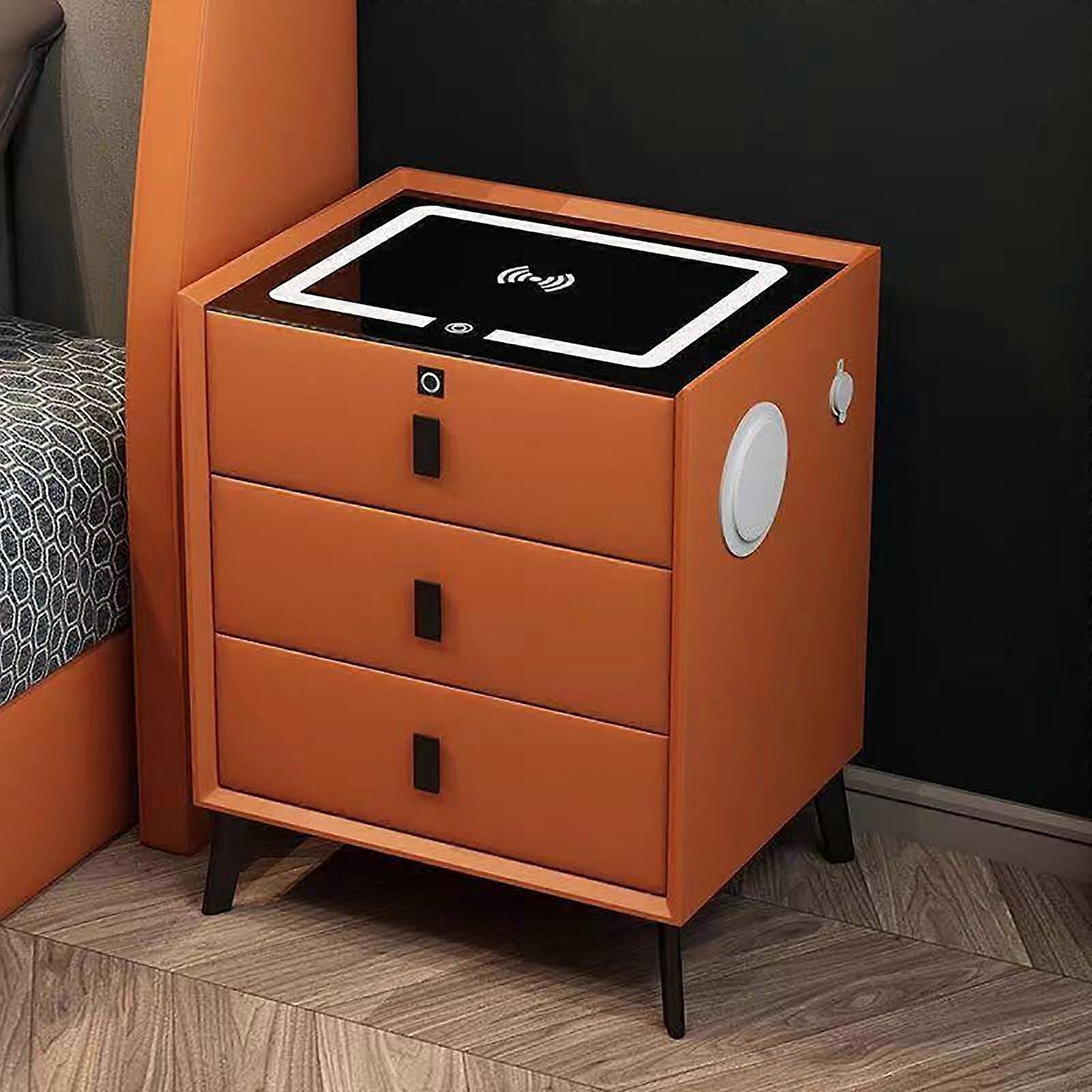 Smart Nightstand with LED Lighting, Wireless Charging, Bluetooth Speaker, Fingerprint Lock Drawer, Orange