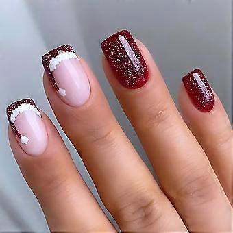Red Short Square Press on Nails Christmas Acrylic Fake Nails Set with Santa Hat Design for Women 24Pcs
