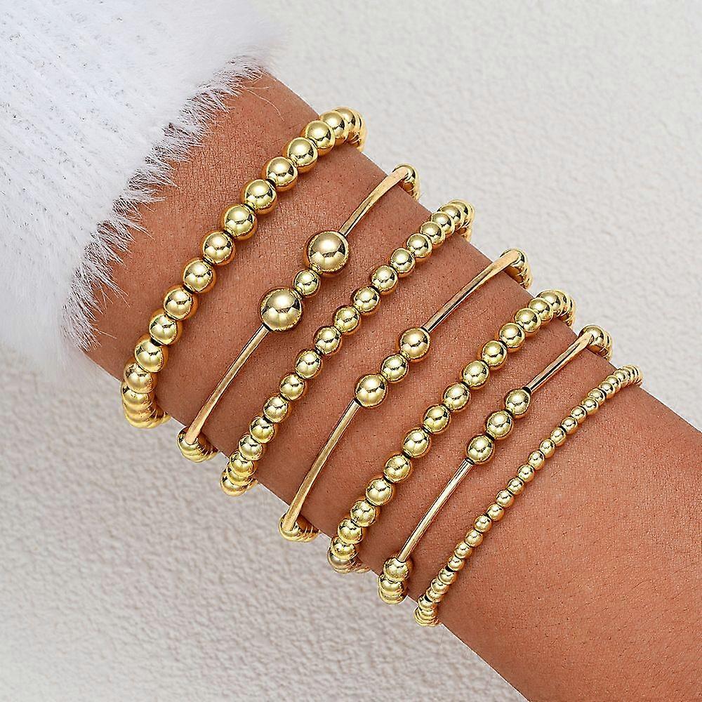 7pcs CCB Round Beaded Stretch Bracelets Golden 190~205mm