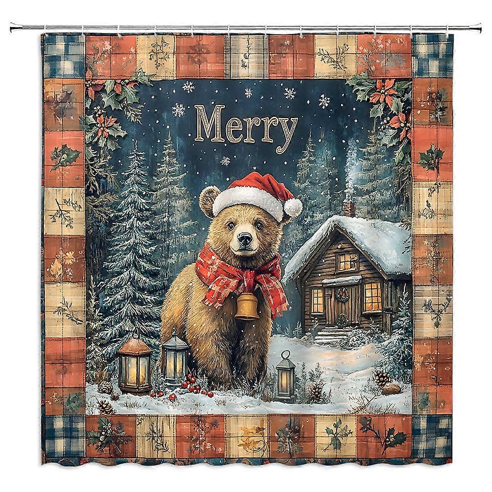 Christmas Bear Shower Curtain 70x70 Rustic Cabin Bathroom Decor QuickDry Polyester with Hooks