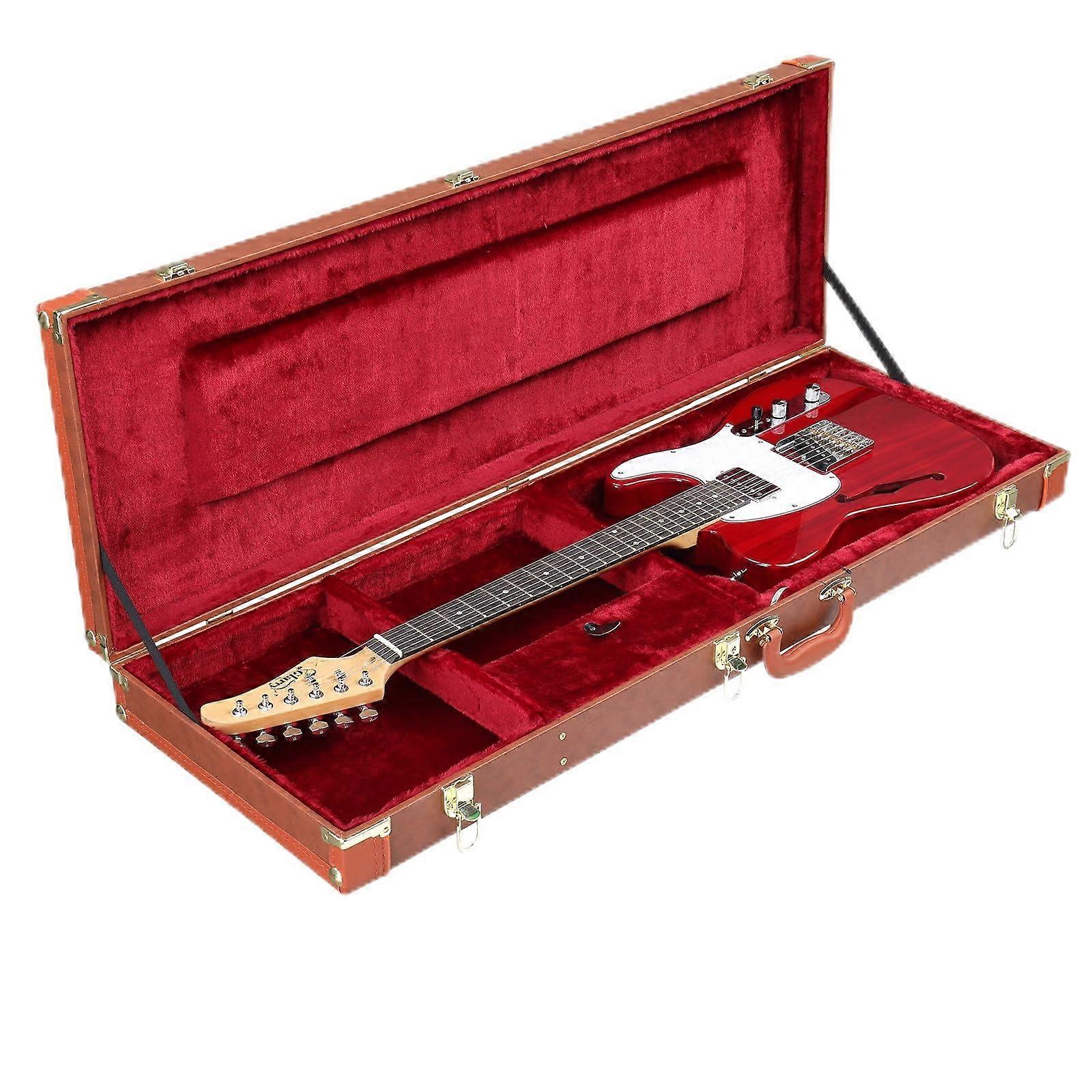 Electric Guitar Hard Case 39 Inch Rectangular Wooden Hardshell with Lock Plush Lining Brown