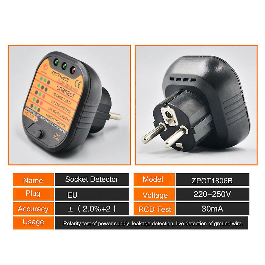 Zpct1806b Outlet Socket Tester Detector Circuit Polarity Voltage Plug Breaker Eu Ground Zero Line Switch Safety Electroscope