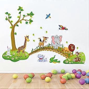 Jungle Animals Tree Wall Stickers Lion Giraffe Elephant Walking On Bridge Wall Decals Kids Room Wall Decor Baby Room Nursery Bedroom Wall Decoration