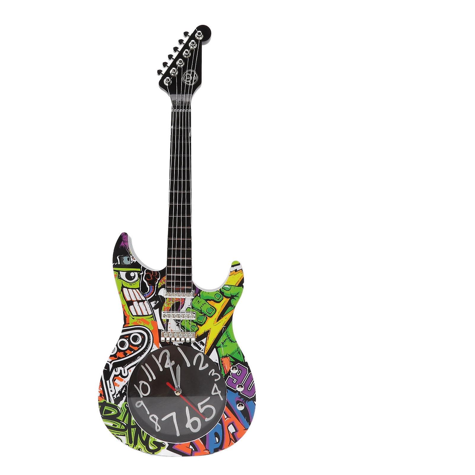 Decorative Guitar-Shaped Wall Clock Vibrant Colourful Design Unique Bedroom Dormitory Desk Clock Random Pattern Plastic Material Battery Not Include