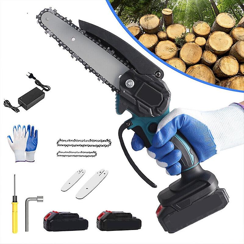 Mini Motosserra Sem Fio de 6 Polegadas com 2 Baterias Recarregáveis e Carregador, Azul-Preto