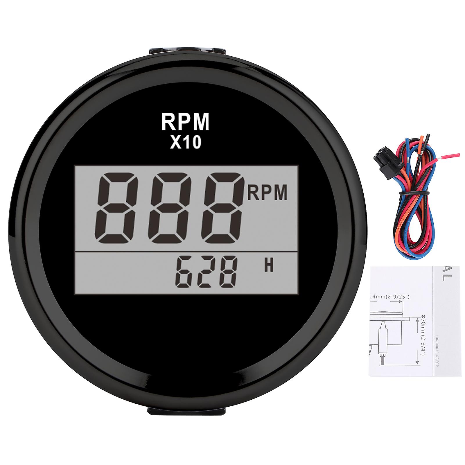 0-9990 RPM Tachometer, IP67 Waterproof, Red Backlight, 52mm/2in LCD Display, 9-32V, Black Dial, Black Cover