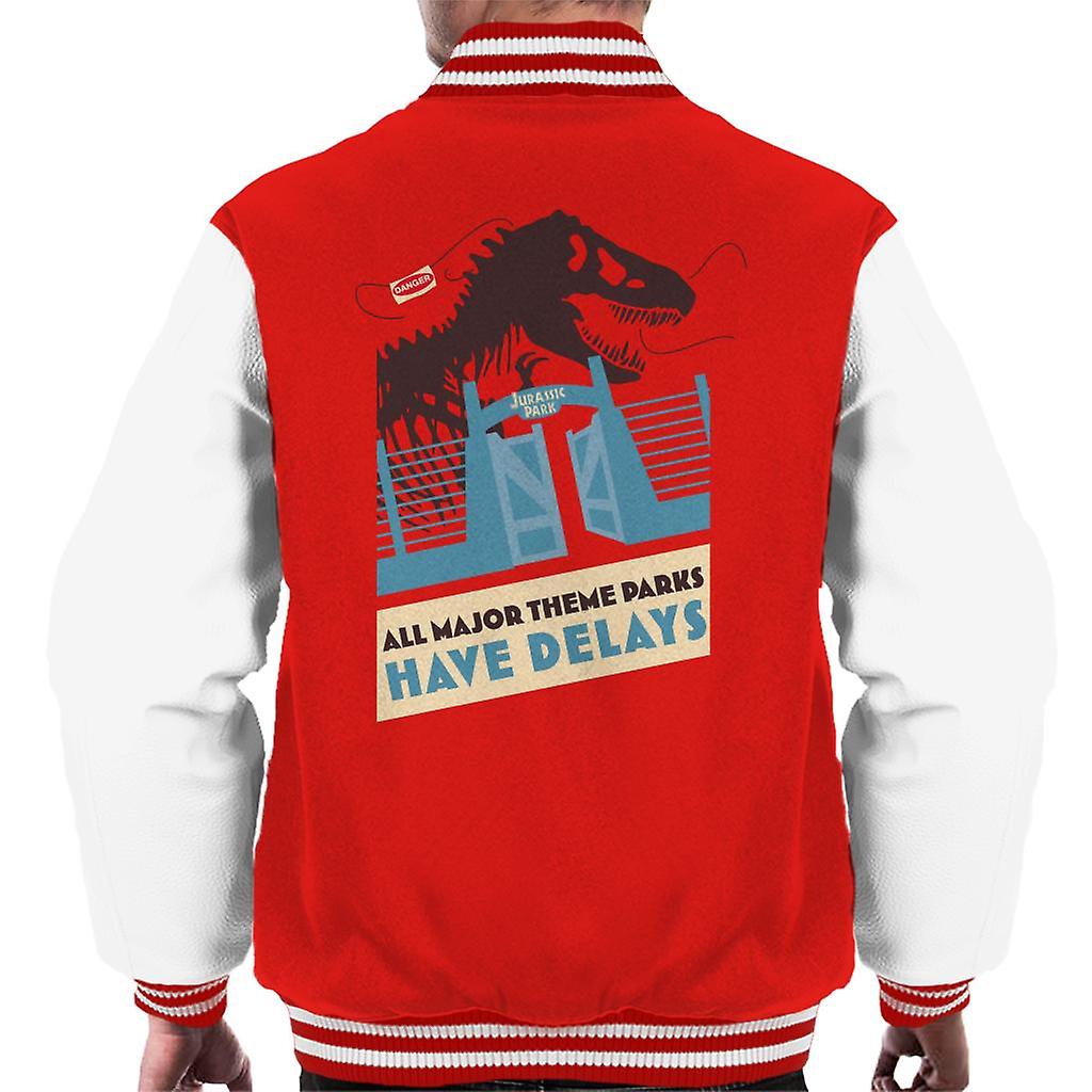 Jurassic Park T Rex All Major Theme Parks Have Delays Men's Varsity Jacket