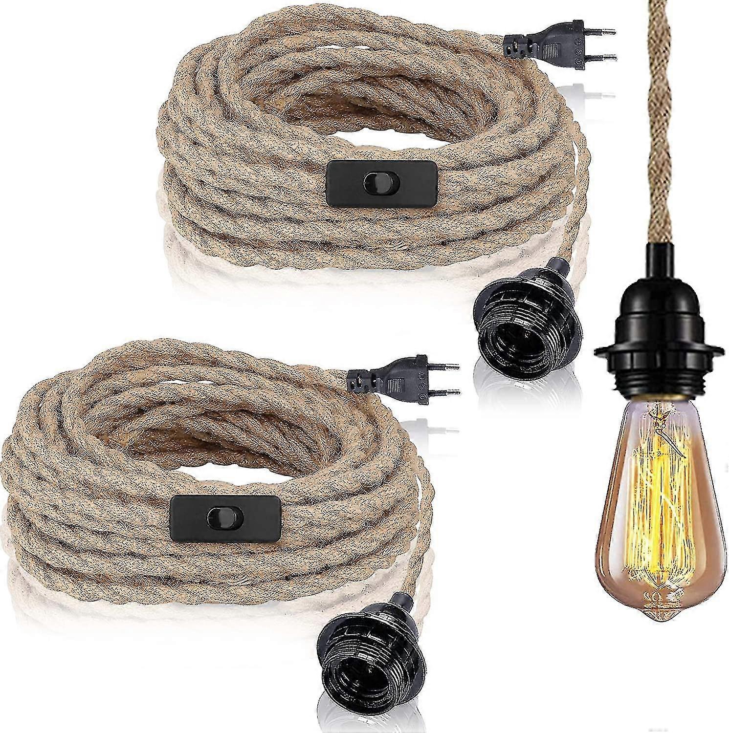 2 Pack Pendant Lights With Switch, Hemp Rope With 4.5m Cable, E27 Socket For Hall, Kitchen, Dining Table, Bar (without Bulb)