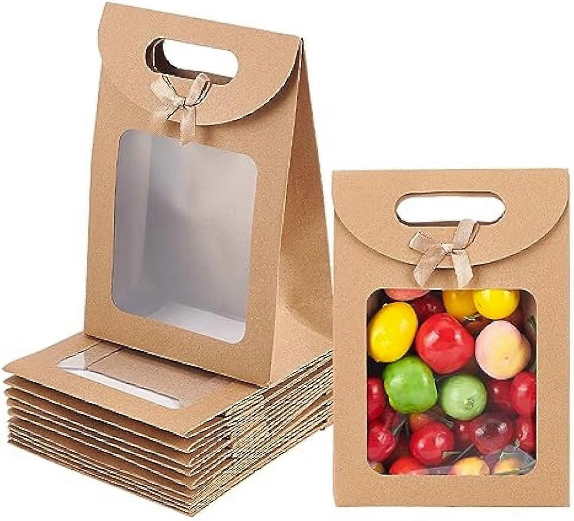 12Pcs Kraft Paper Bags with Window Stand Up Gift Bag with Handles Brown for Candy Cookies Packaging 2.8x7.8x7.7inch