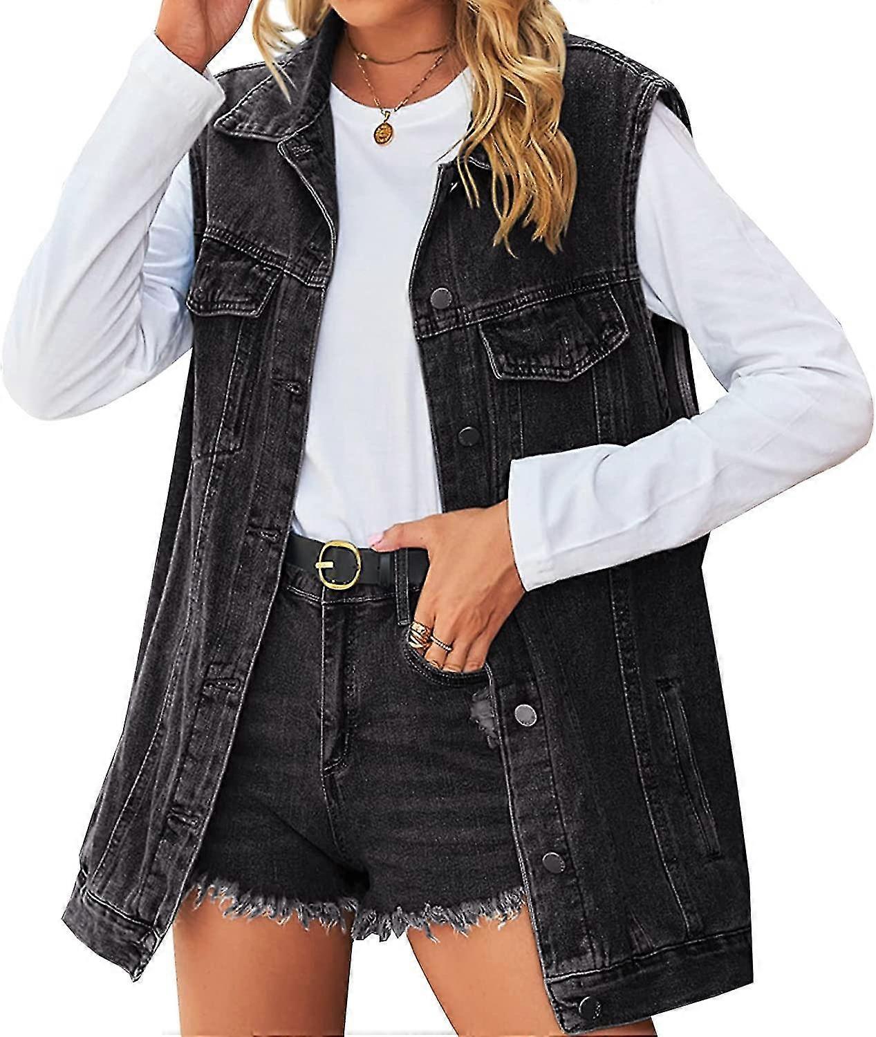 Naisten hihaton farkkutakki, napitettava ja puolipitkä farkkuliivi