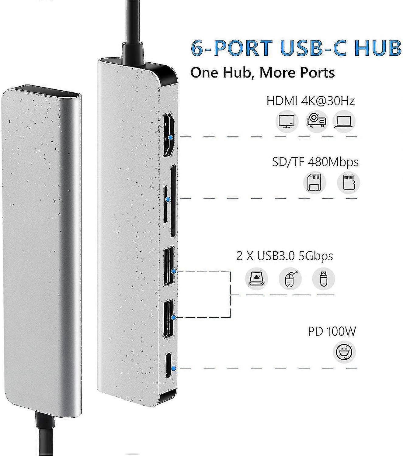 Usb C Hub Multiport Adapter - 6 In 1 Usb C To Multiport Adapter
