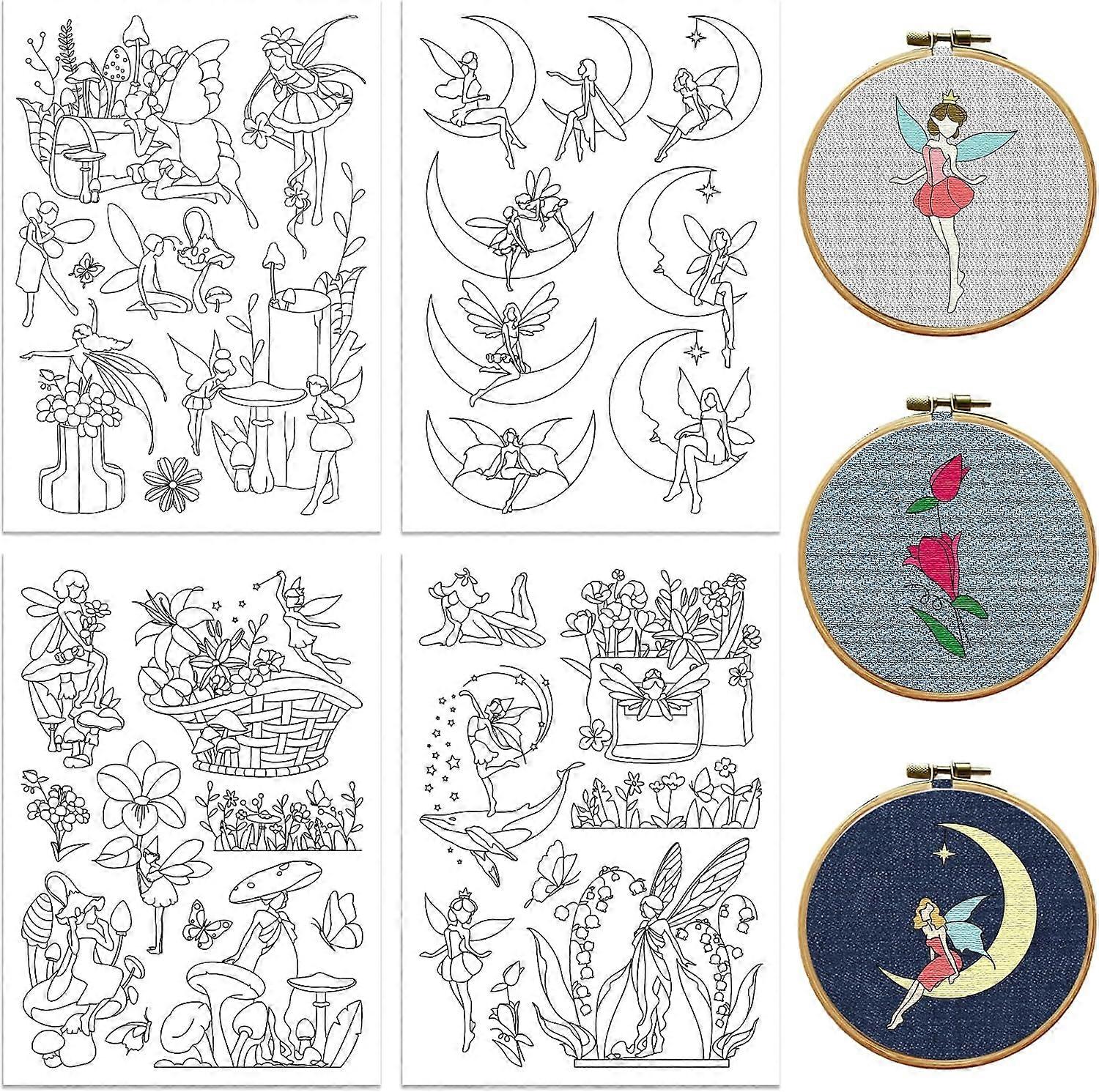 Peacoblue Water Soluble Embroidery Patterns for Beginners 4 Sheets with 33pcs Flower Fairy Patterns Charming Flower Fairy Wash Away Embroidery Pattern