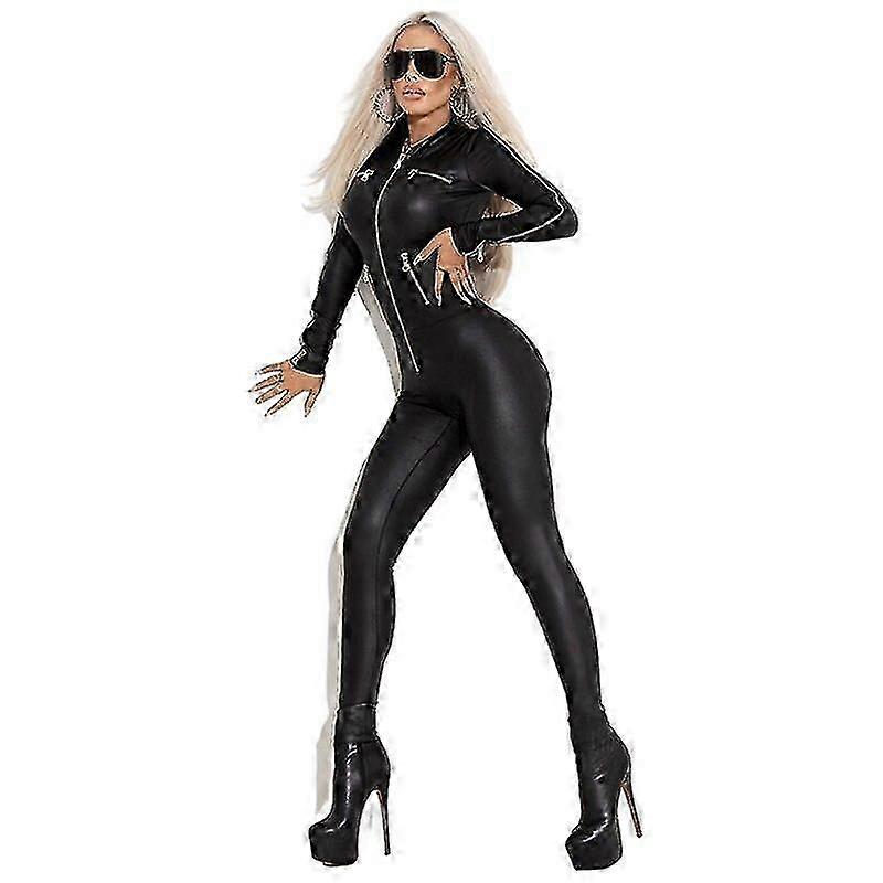 בגדי ריקוד נשים צווארון מעמד פו עור רוכסן מגניב אוברולים חלק אחד תלבושת סקסי בגדי ספורט