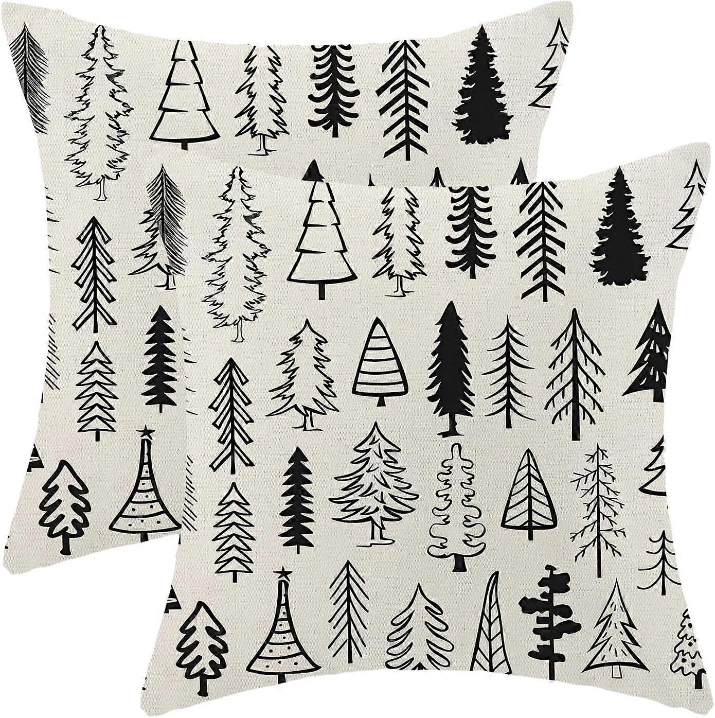 Christmas Pillow Covers 18x18 Set of 2, Black White Christmas Tree Throw Pillow Covers Linen Farmhouse Vintage Winter Christmas Home Decor for Couch S