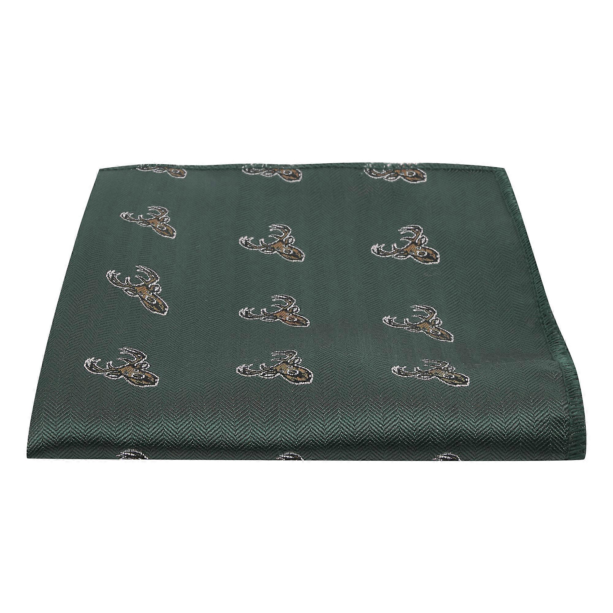 Dark Green Stag Head Herringbone Pocket Square