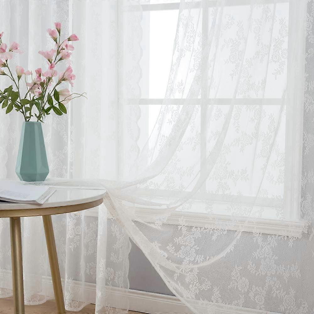 Lace Curtain-Floral Embroidered Sheer Lace Curtains with Scalloped Edges, White Sheer Curtains with Floral Patterns, Filtering Curtains for Bedroom, L
