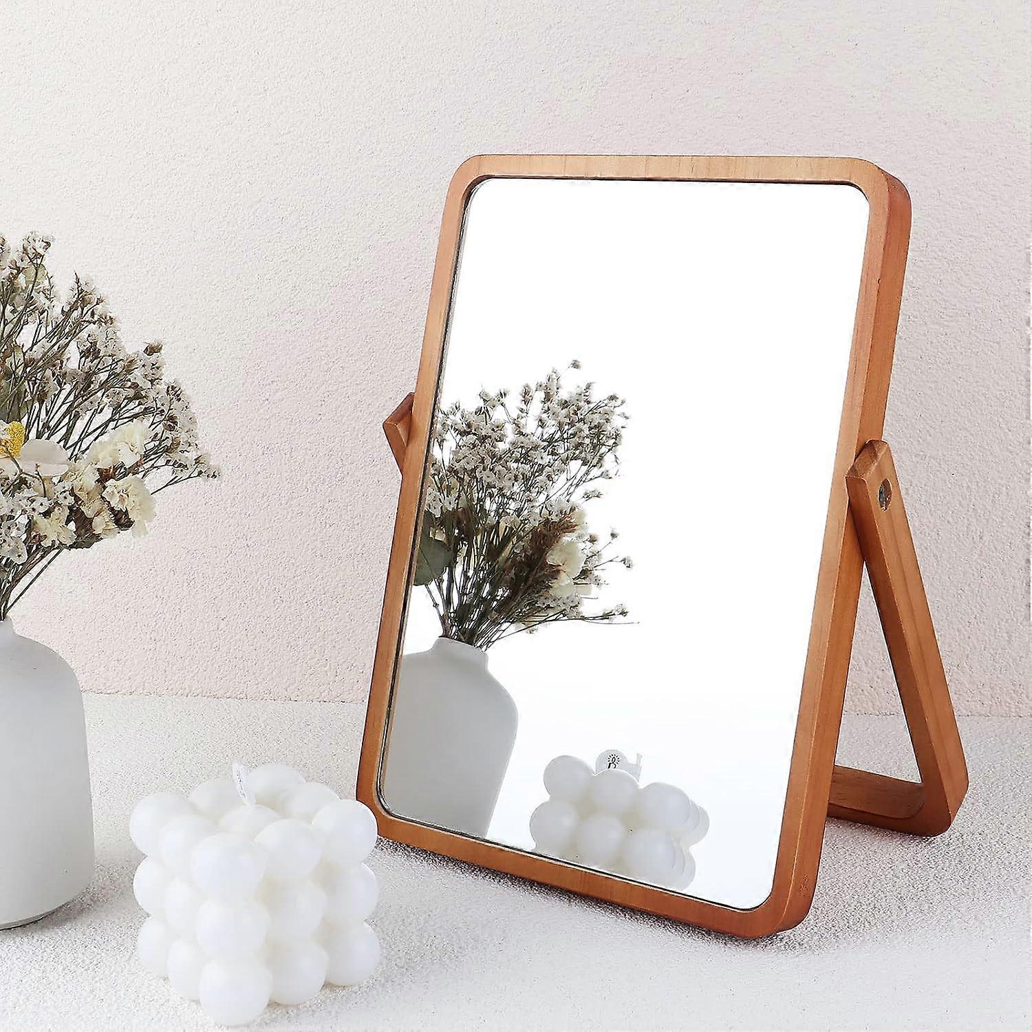 Tabletop Wood Makeup Mirror, Small Cosmetic Natural Rectangular Round Mirror with Adjustable Stand Aesthetic Desktop Decoration