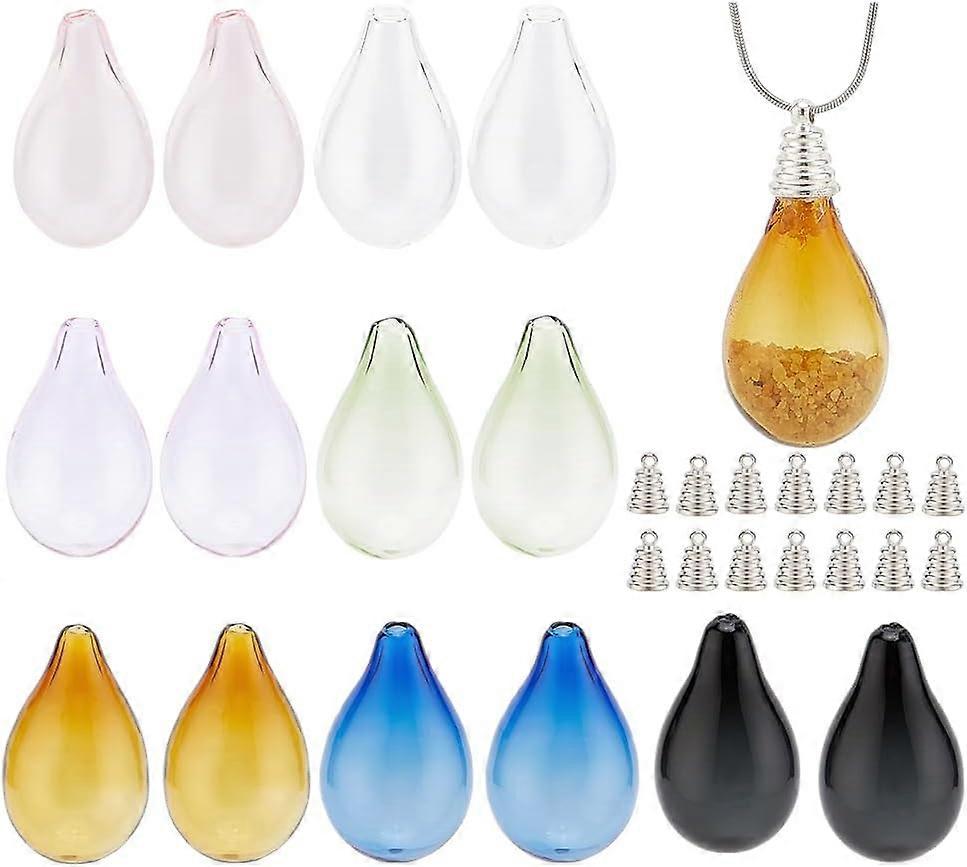 14Pcs 7 Colors Blown Glass Teardrop Bubble Vial for Wish Bottle Pendant Making Mixed Color 31x18mm Hole: 2.8mm
