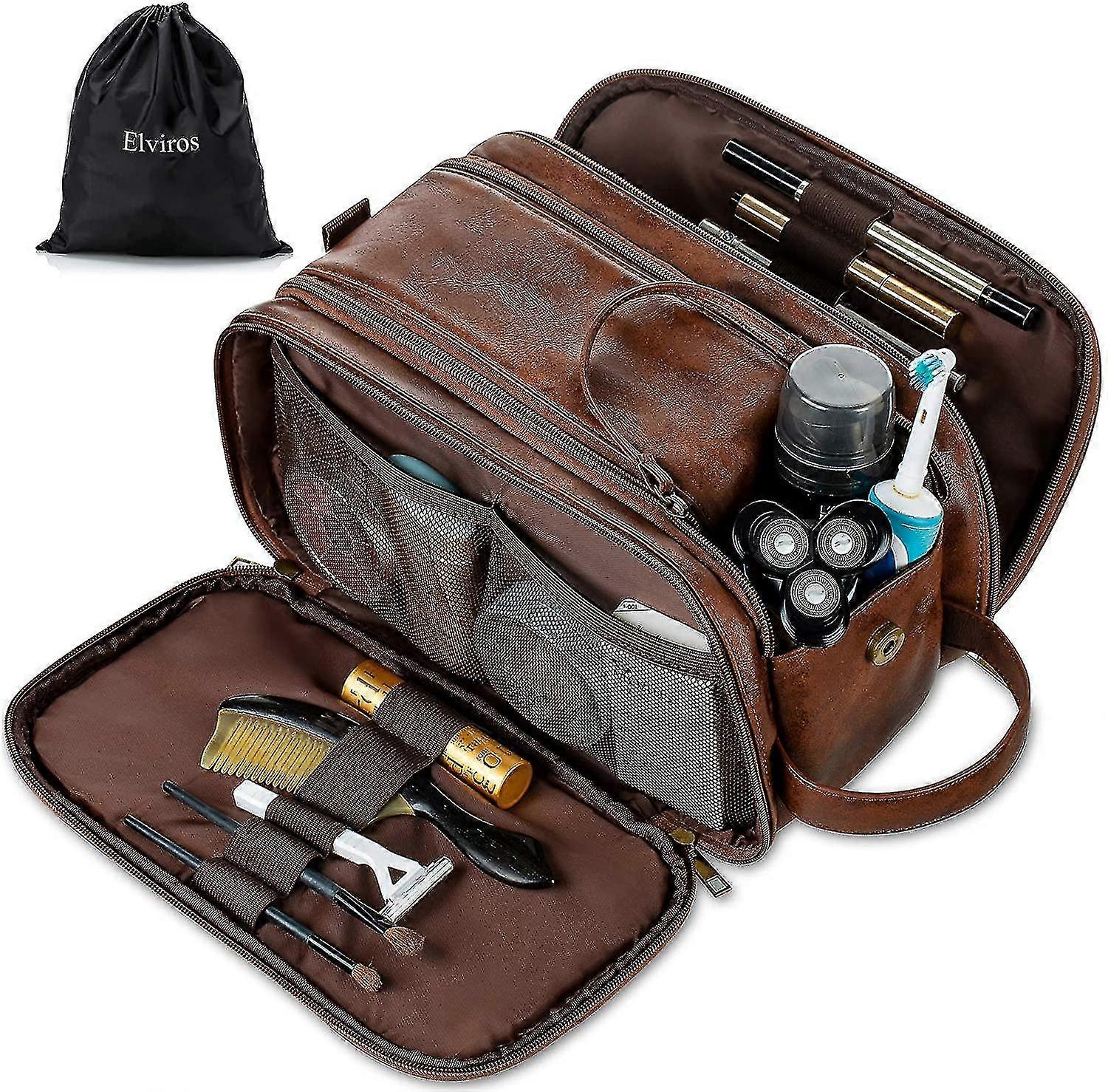 حقيبة أدوات الزينة الجلدية المقاومة للماء للرجال حقيبة غسيل كبيرة للسفر الحلاقة Dopp Kit منظم مكياج مستلزمات الحمام الرياضية مع جاف رطب مجاني- MXBC