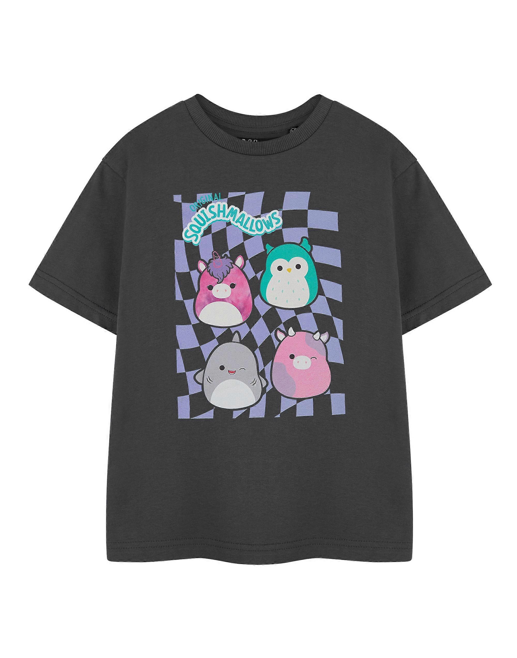 Squishmallows Meisjes T-Shirt Met Korte Mouwen Grijs Checkerboard