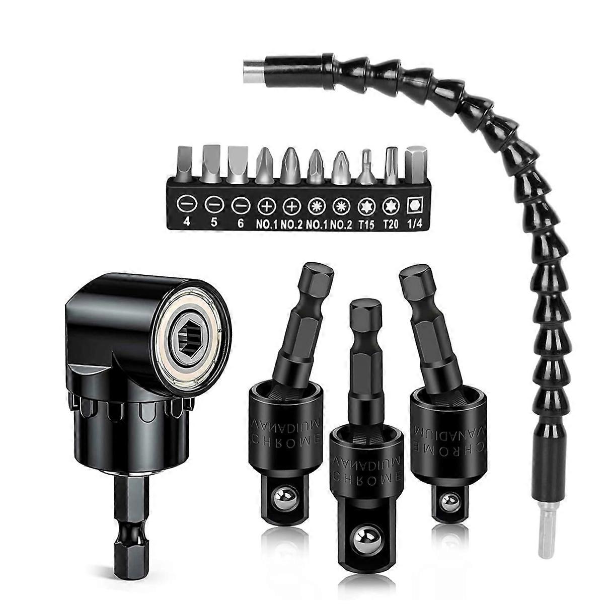 Flexible Drill Bit Extension Right Angle Drill Adapter Set 360Rotatable 1/4 3/8 1/2inch Impact Gra