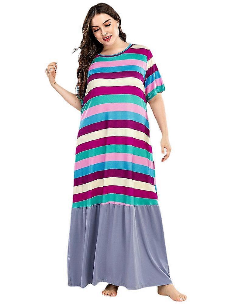 Plus Size Women's Colorful Stripe Short Sleeve Casual Nightgown