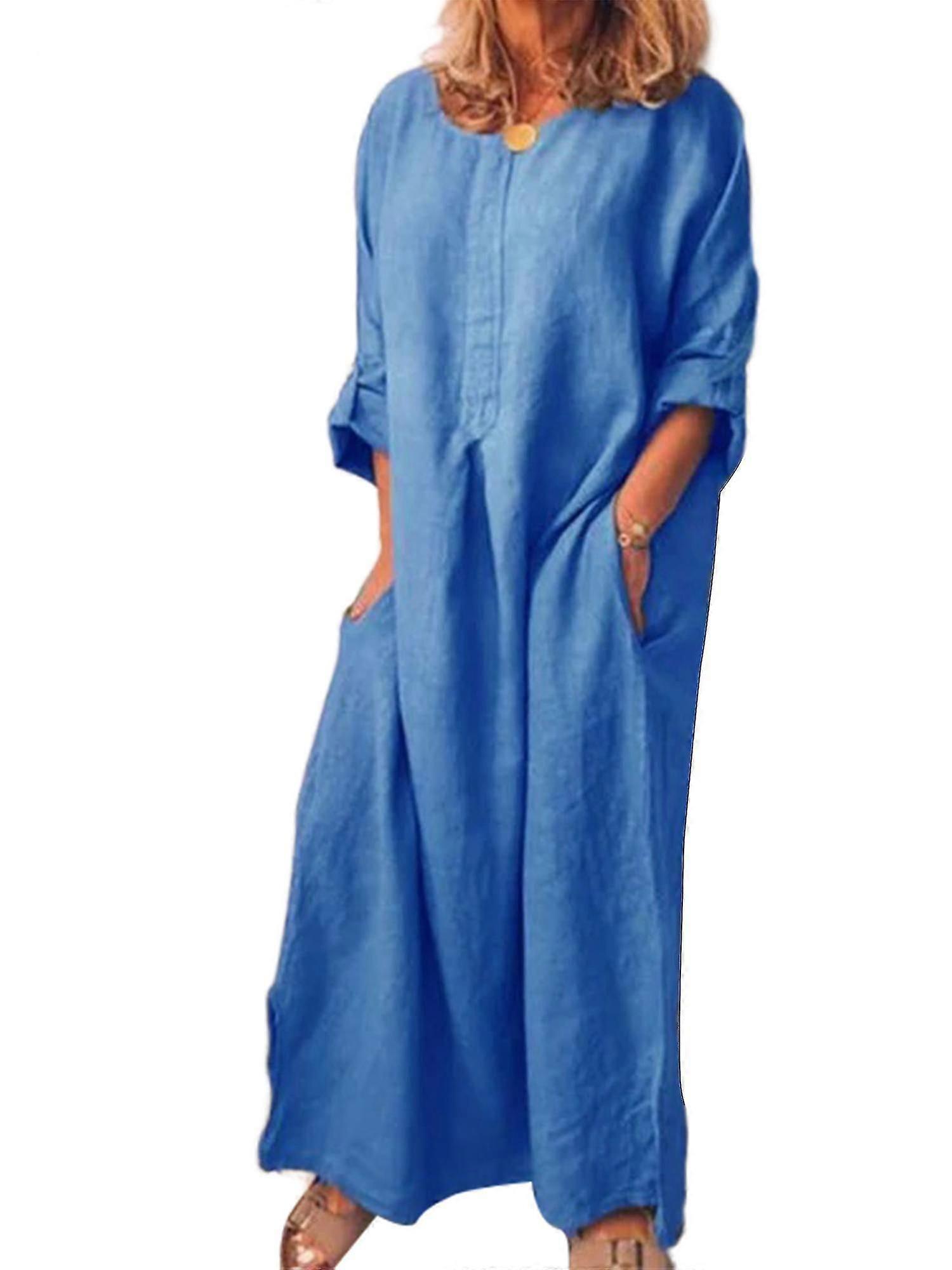 Ladies With Pockets Kaftan Casual Roll Up Sleeve Maxi Dresses