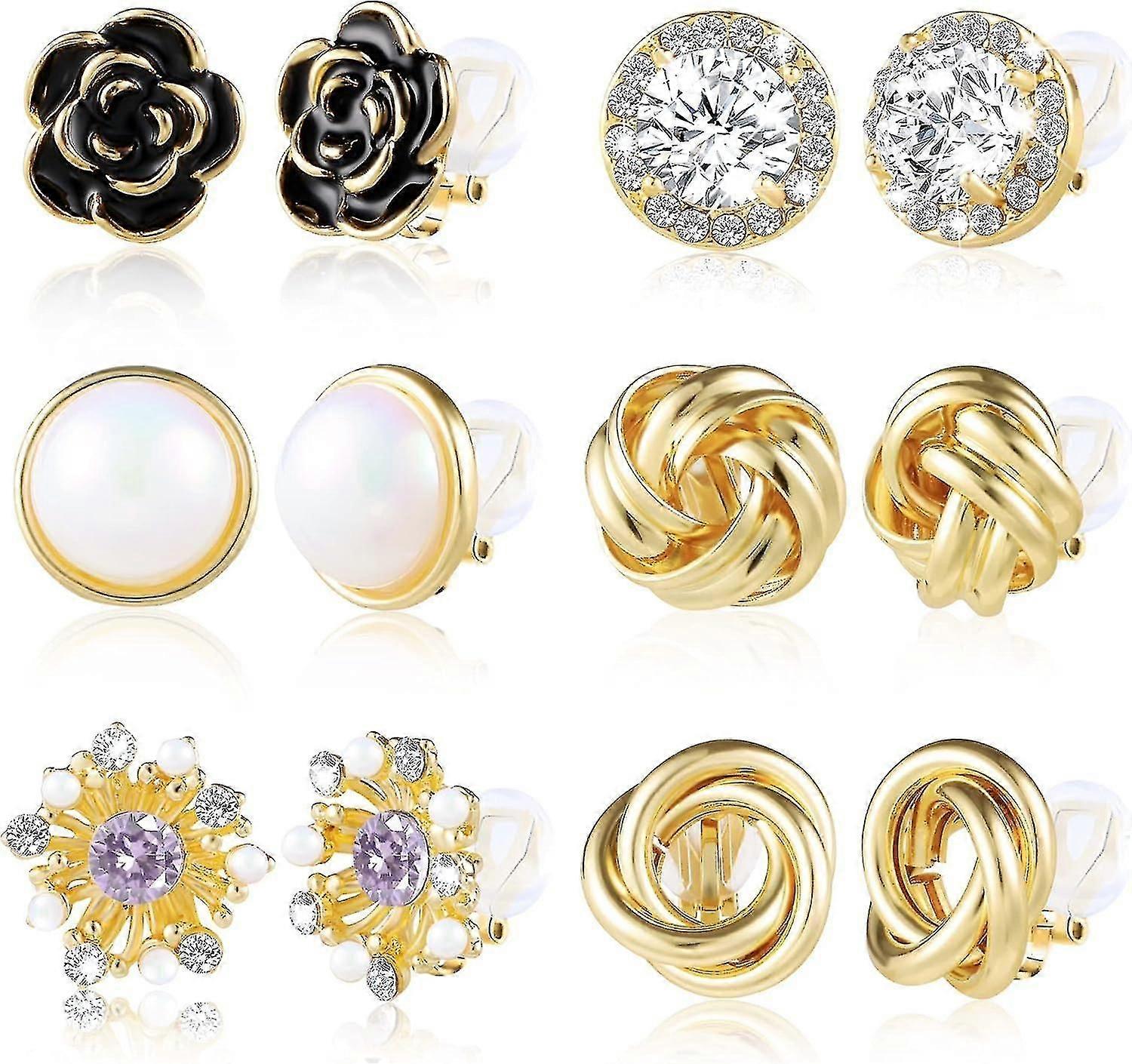 Clip On Earrings - 6 Pairs Hypoallergenic Non-pierced Clip Earrings