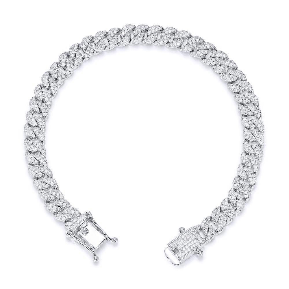 Jewelco London Men's Rhodium Silver Round CZ Encrusted Cuban Curb 6mm Chain Bracelet