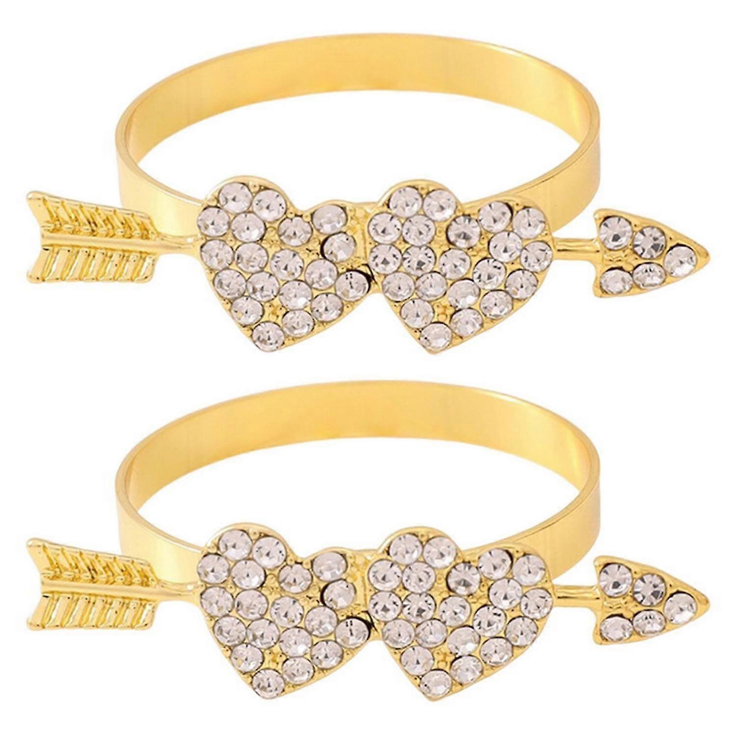 2Pcs Shining Rhinestone Golden Electroplated Napkin Ring Double Heart Decor Napkin Buckle Table Deco
