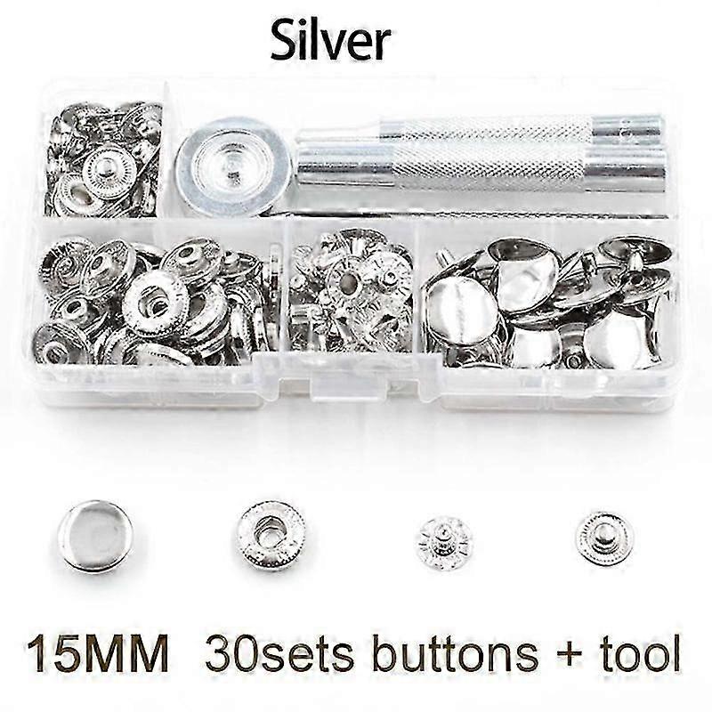 30 sets 15mm Snap Buttons +Manually Install Tools Boxed Snaps Rivets Metal Buttons