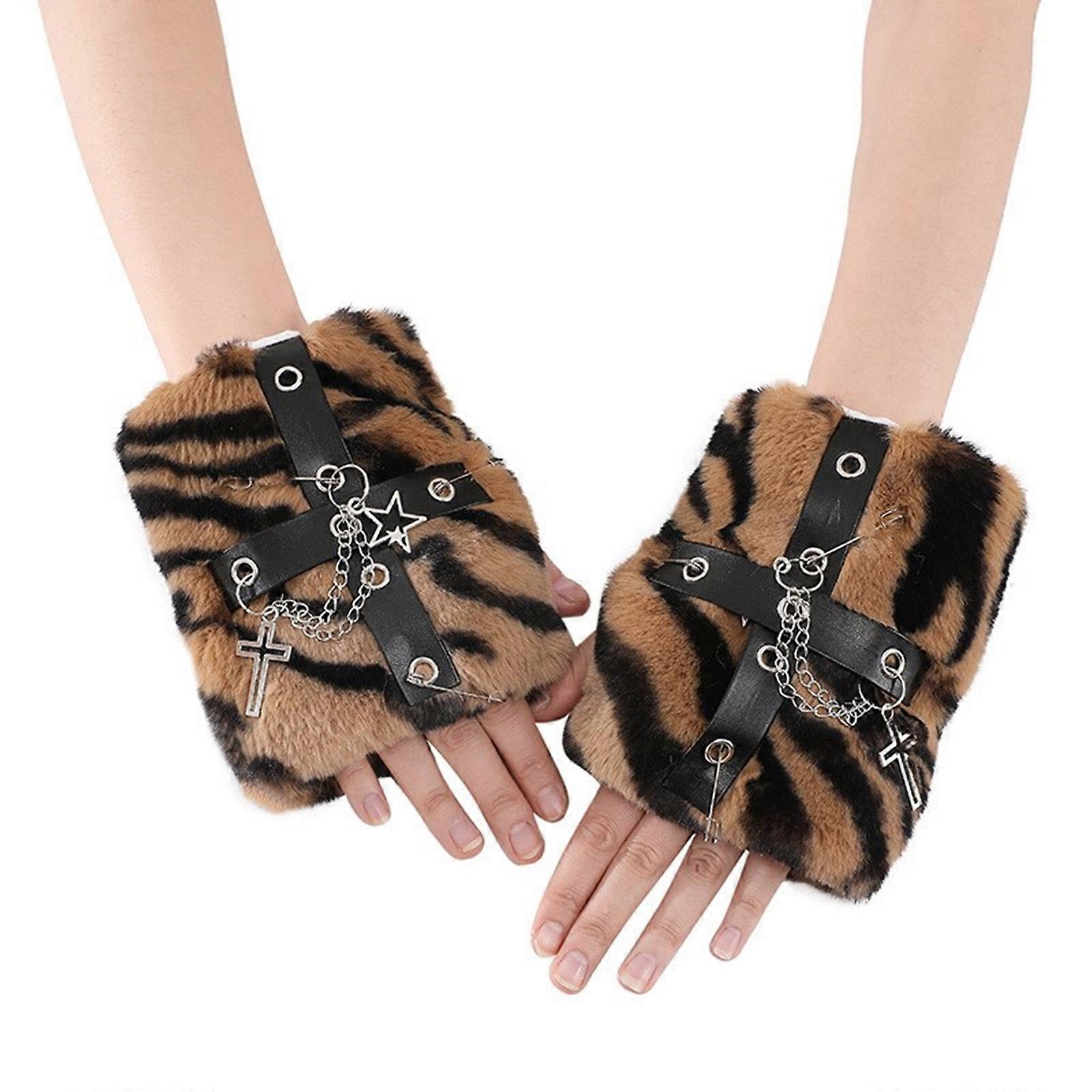 Gants sans doigts en fourrure Gants à manches courtes Gants chauffe-poignets pour Halloween Masquerades Bals Gants Rayures marron et noires
