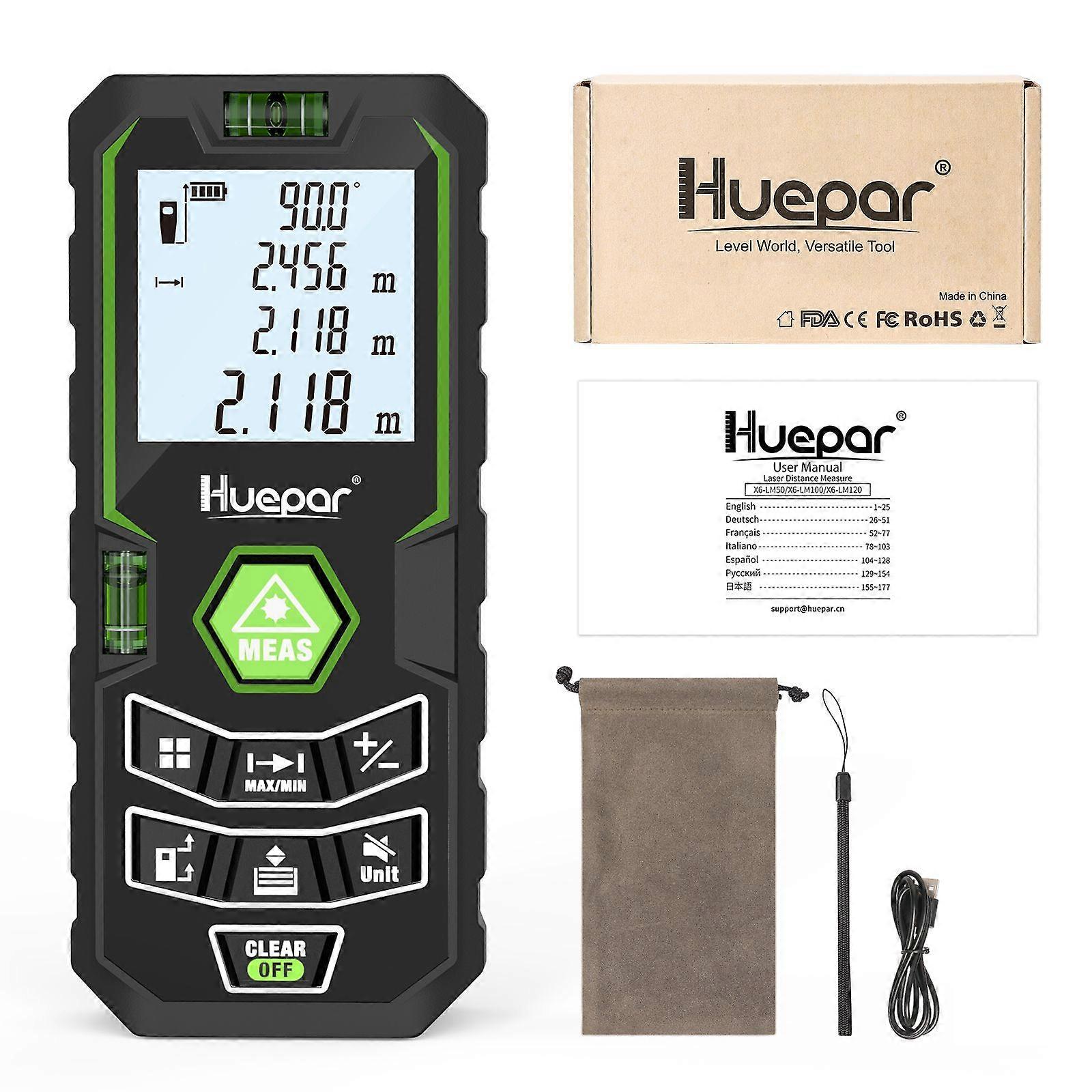 Huepar Laser Distance Measure X6-50/100/120M/In/Ft Backlit LCD Laser Measure with Electric Angle Area Volume Sensor Multi-Modes