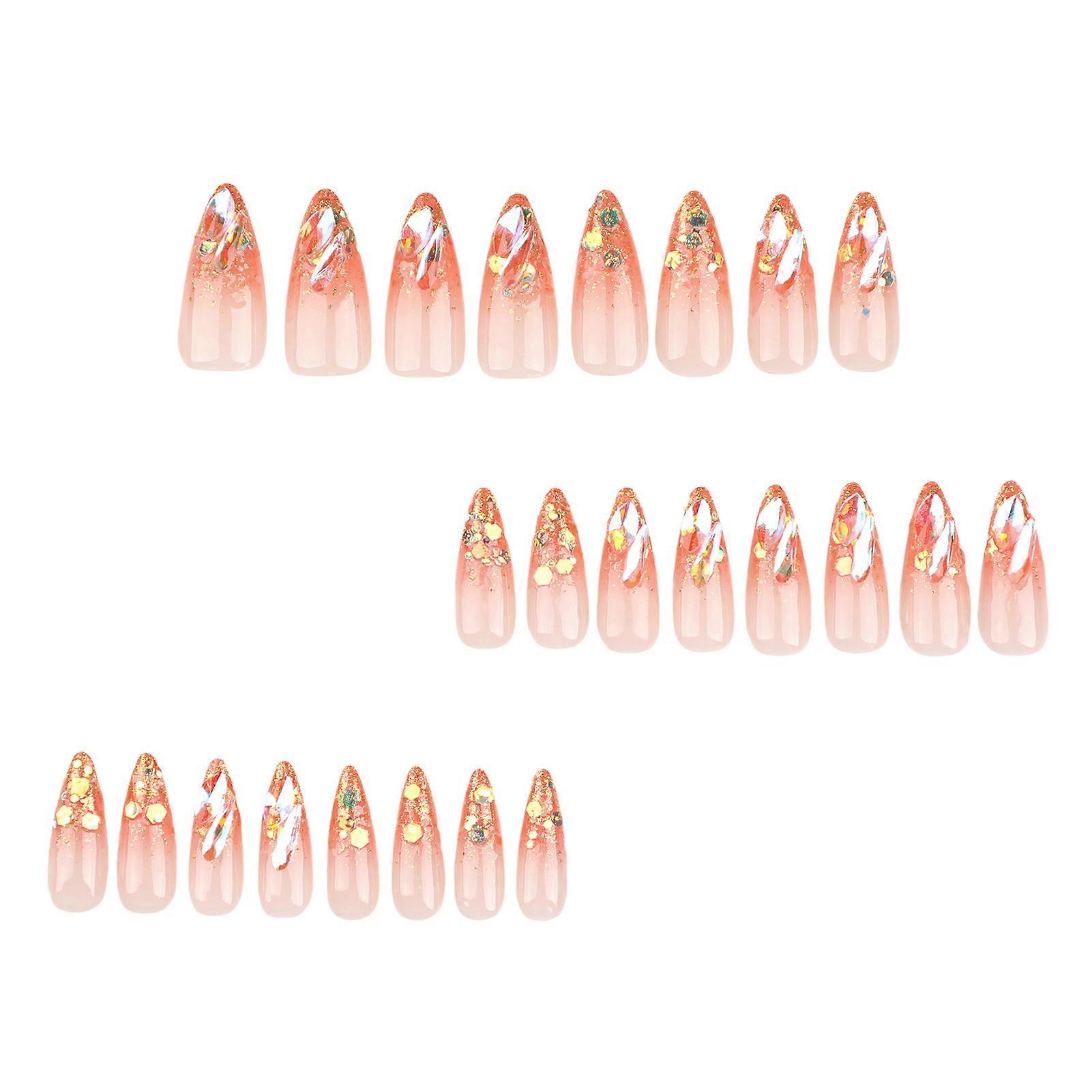 Unhas Falsas Longas com Ponta de Glitter Gradientes Doces & Charmosas Reutilizáveis Falsas