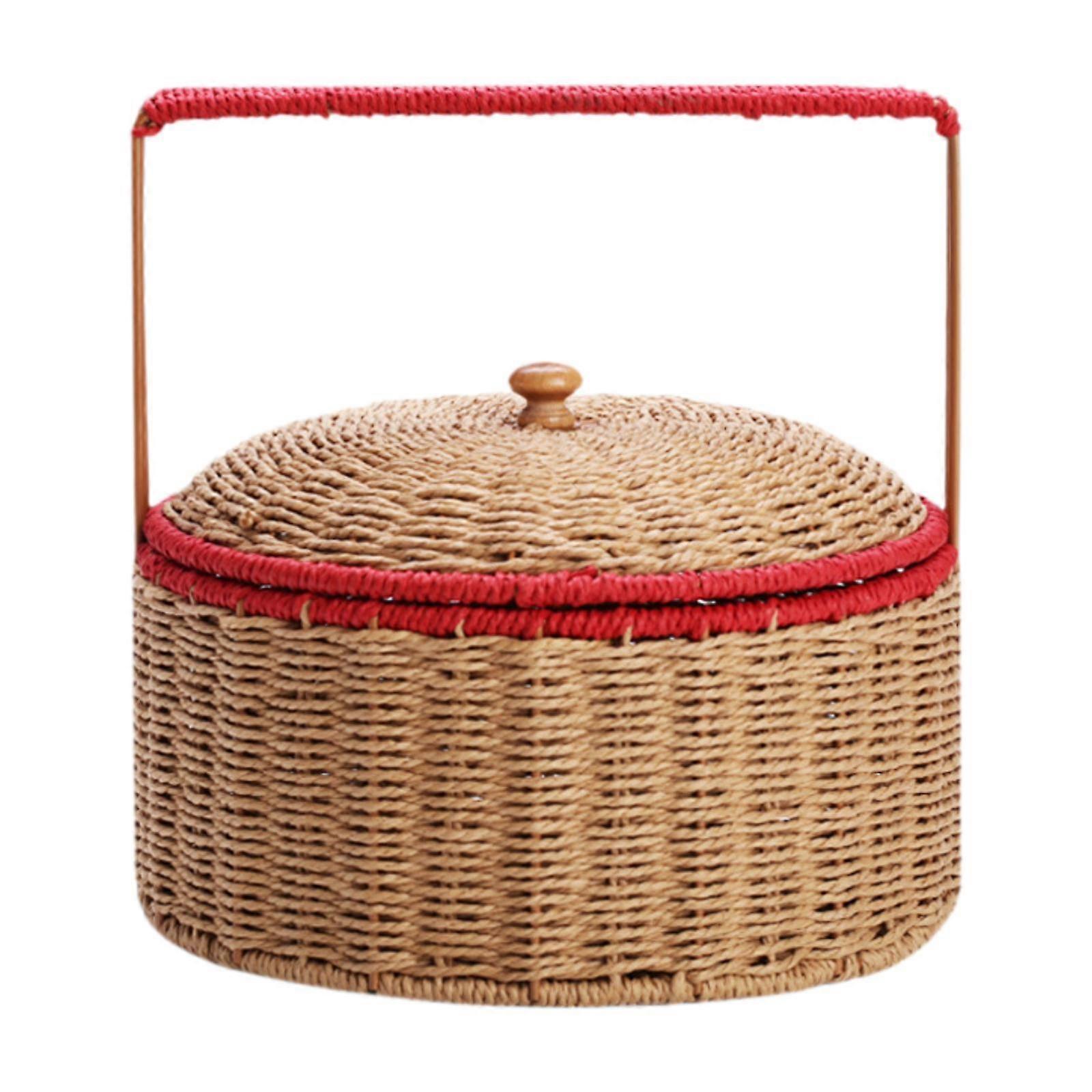 Handwoven Basket with Handle Picnic Basket Bread Basket Round Storage Basket