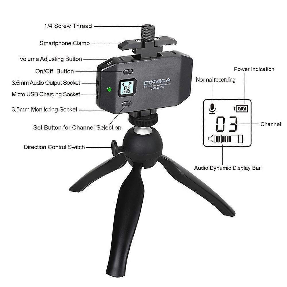 COMICA CVM-WS50(C) 6-Channel UHF Wireless Smartphone Lavalier Microphone System with Phone Clamp and Mini Tripod for Mobile Live Video Vlog Interview